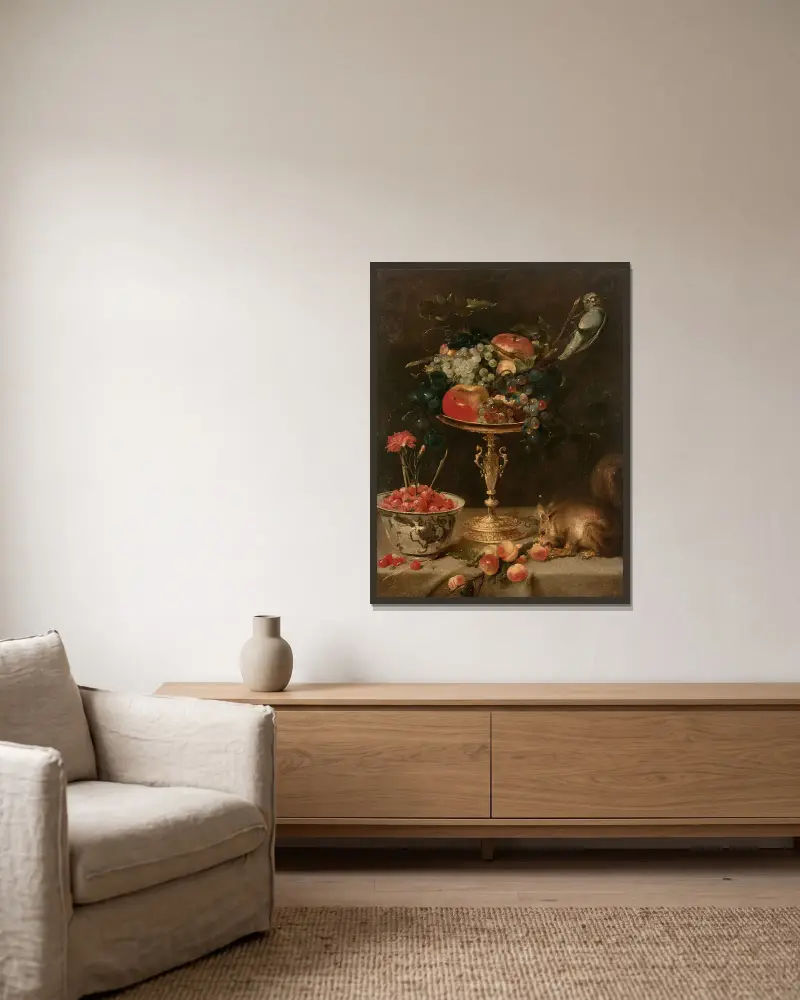 Stilleben med kopp och ekorre av Frans Snyders inramad på en vägg