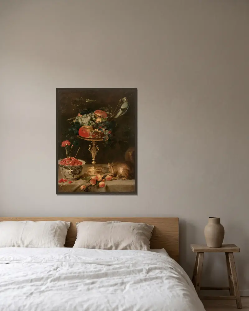 Stilleben med kopp och ekorre av Frans Snyders inramad på en vägg