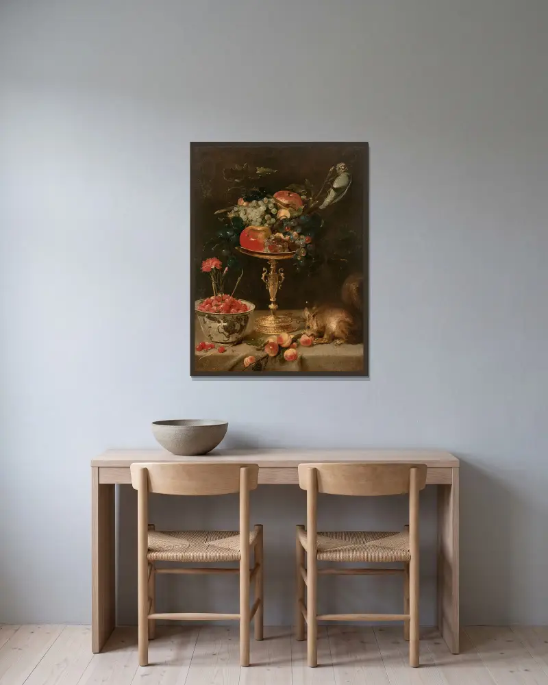 Stilleben med kopp och ekorre av Frans Snyders inramad på en vägg