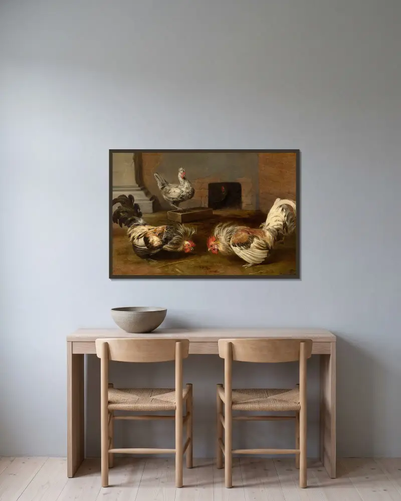 Fighting Cocks av Frans Snyders inramad på en vägg