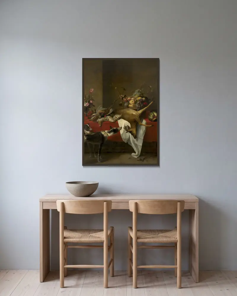 Vilt, fruktkorg och vas med blommor på ett bord av Frans Snyders inramad på en vägg