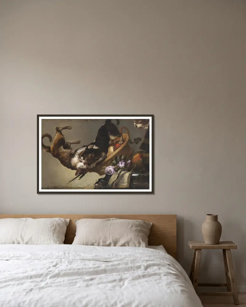 Kämpfende Katzen av Frans Snyders inramad på en vägg