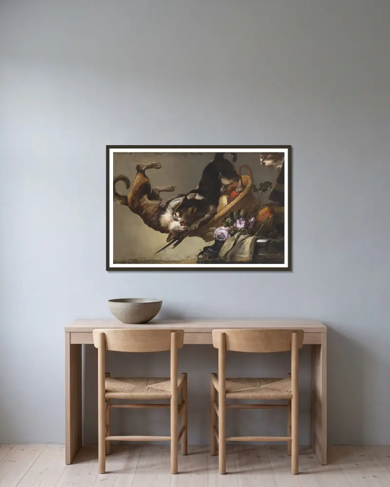 Kämpfende Katzen av Frans Snyders inramad på en vägg