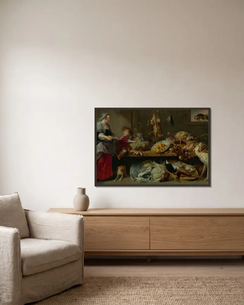 Kökstilleben med piga och ung pojke av Frans Snyders inramad på en vägg