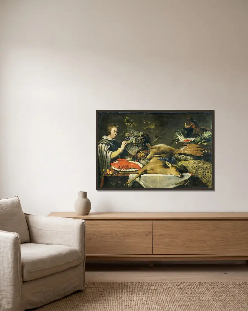 Vorratskammer-Szene mit einem Pagen von Frans Snyders gerahmt an einer Wand