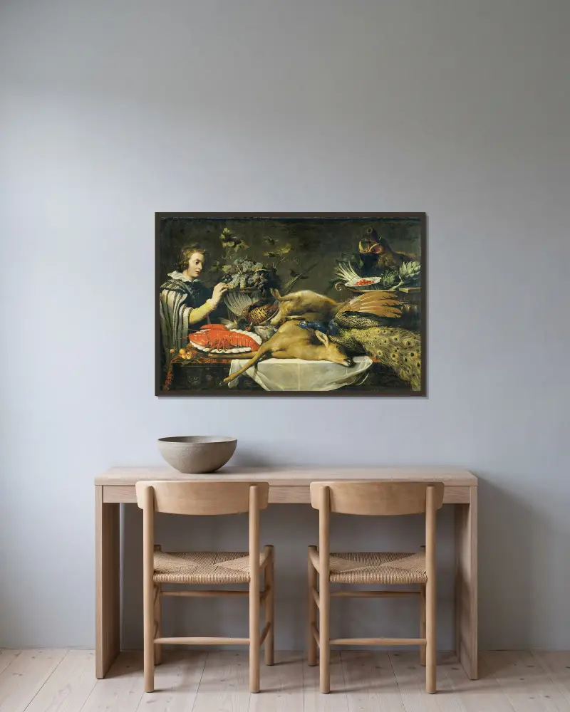 Vorratskammer-Szene mit einem Pagen von Frans Snyders gerahmt an einer Wand