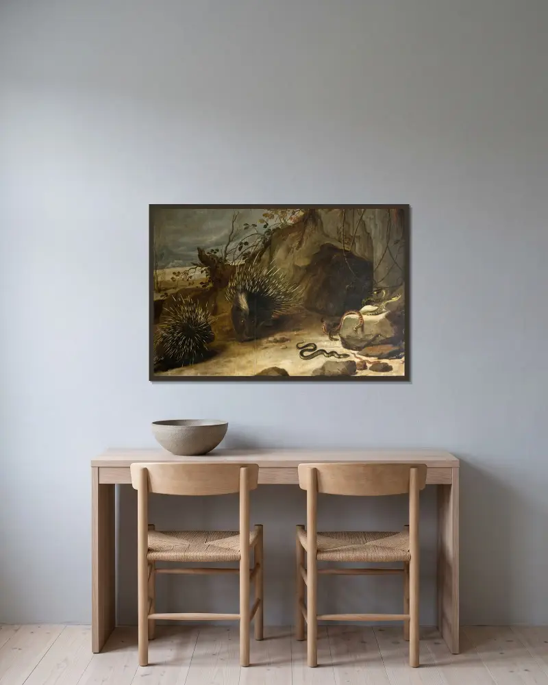 Piggsvin och huggormar av Frans Snyders inramad på en vägg