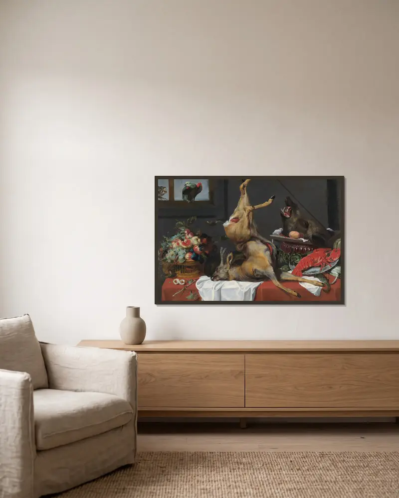 Stilleben med en död hjort av Frans Snyders inramad på en vägg