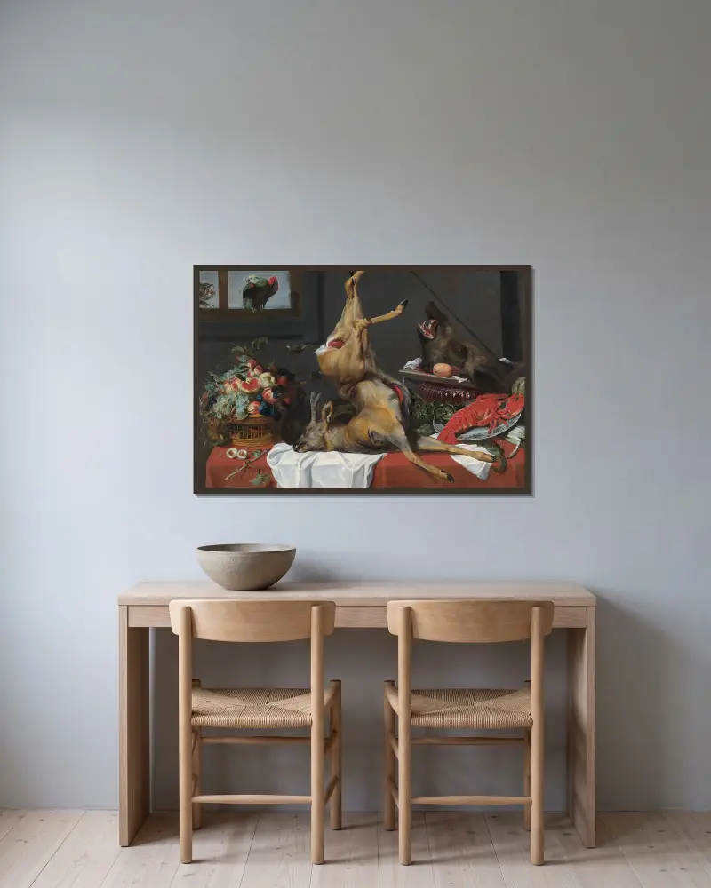 Stilleben med en död hjort av Frans Snyders inramad på en vägg
