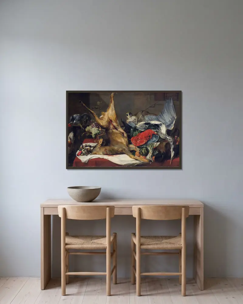 Stilleben med dödat vilt, apa, papegoja och hund av Frans Snyders inramad på en vägg