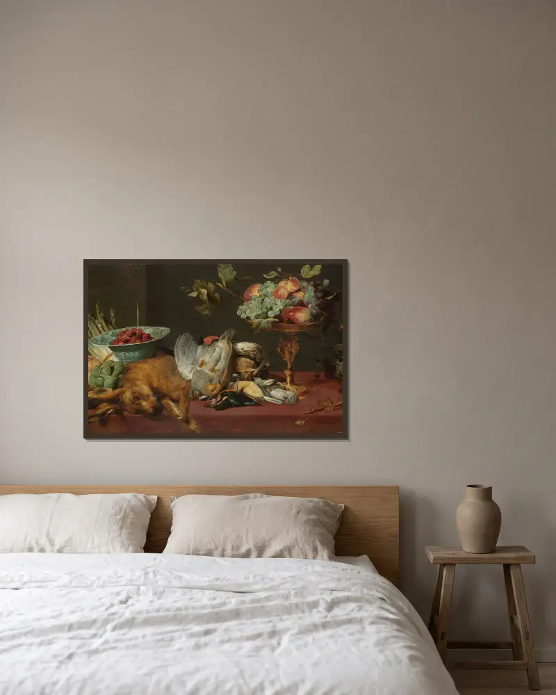 Stilleben med dött vilt, frukt och grönsaker av Frans Snyders inramad på en vägg