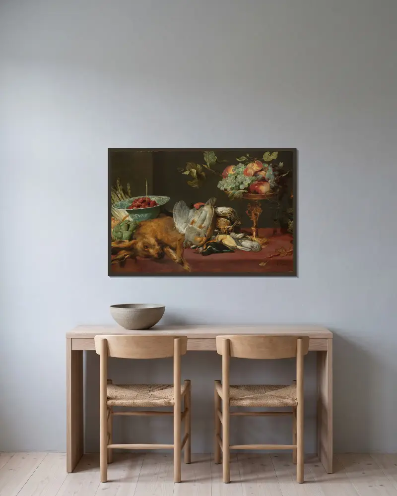 Stilleben med dött vilt, frukt och grönsaker av Frans Snyders inramad på en vägg