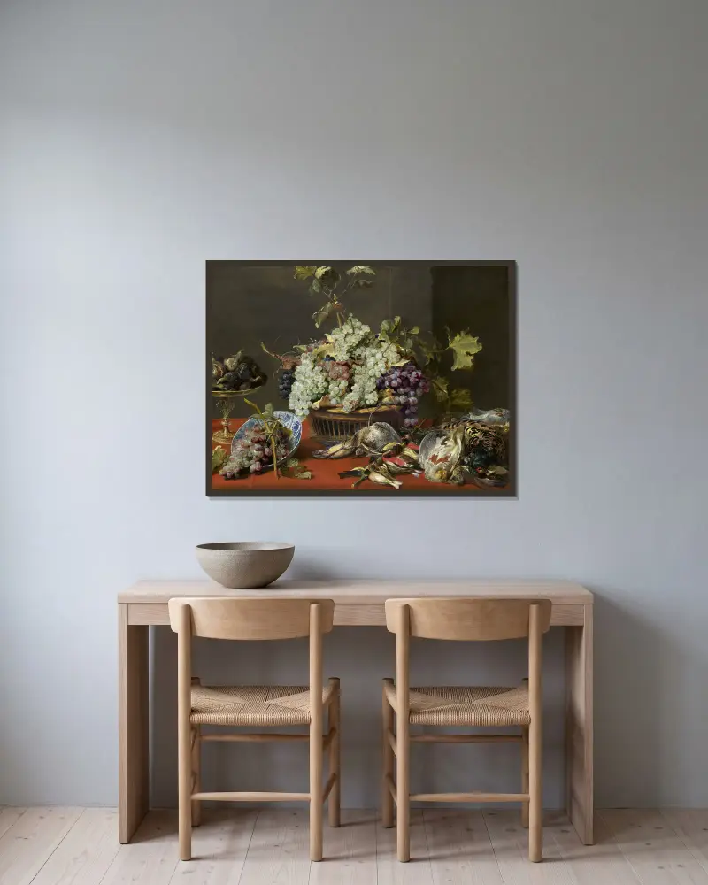 Stilleben med druvor och jaktbyte av Frans Snyders inramad på en vägg