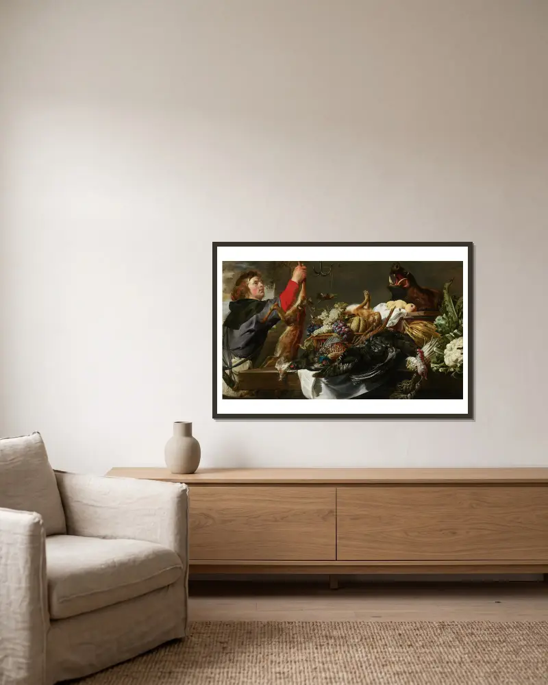 Stilleben med jägare av Frans Snyders inramad på en vägg
