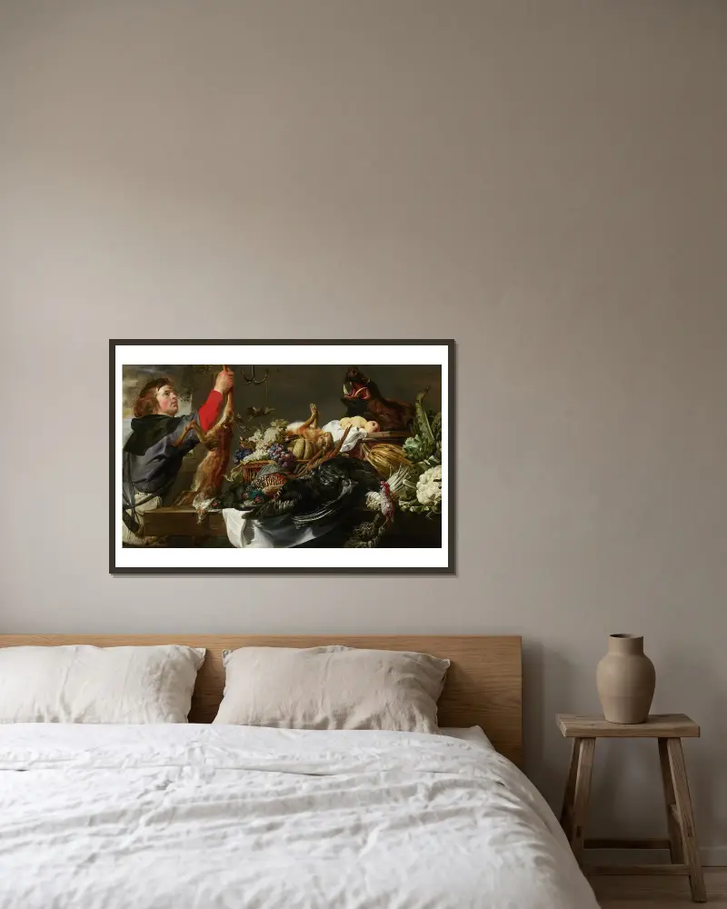 Stilleben med jägare av Frans Snyders inramad på en vägg