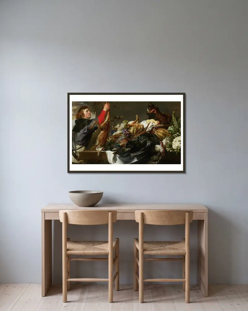 Stilleben med jägare av Frans Snyders inramad på en vägg