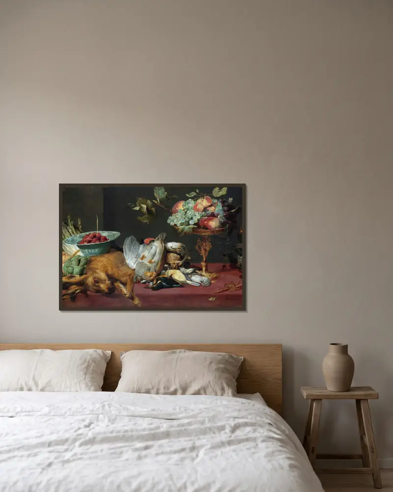 Stillleben mit Kleinwild und Früchten von Frans Snyders gerahmt an einer Wand