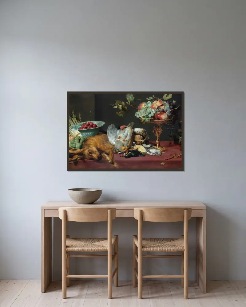 Stillleben mit Kleinwild und Früchten von Frans Snyders gerahmt an einer Wand