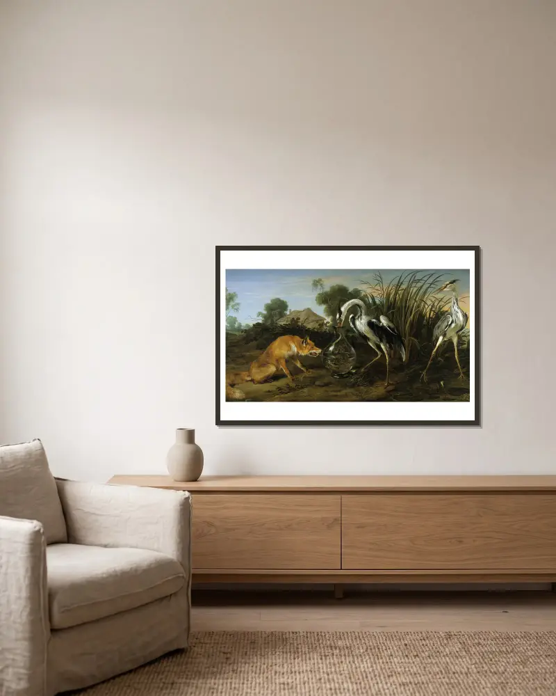 Der Fuchs, der den Reiher besucht von Frans Snyders gerahmt an einer Wand