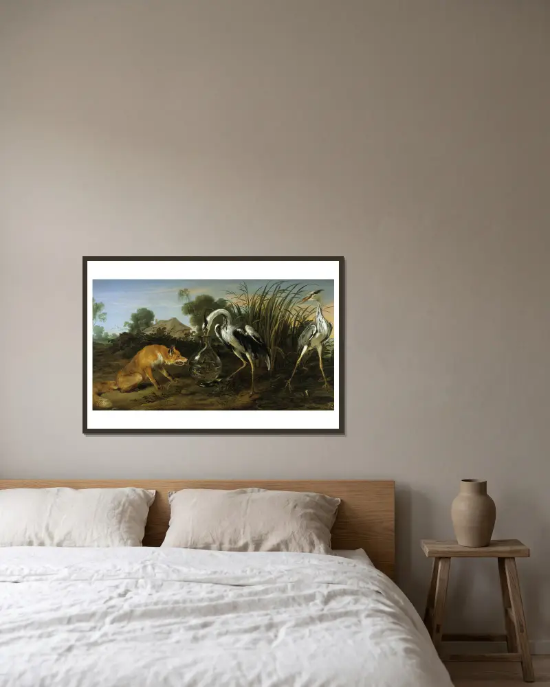 Der Fuchs, der den Reiher besucht von Frans Snyders gerahmt an einer Wand