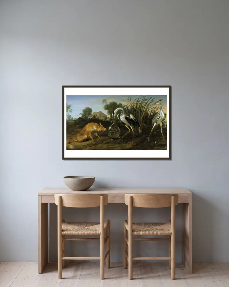 Der Fuchs, der den Reiher besucht von Frans Snyders gerahmt an einer Wand