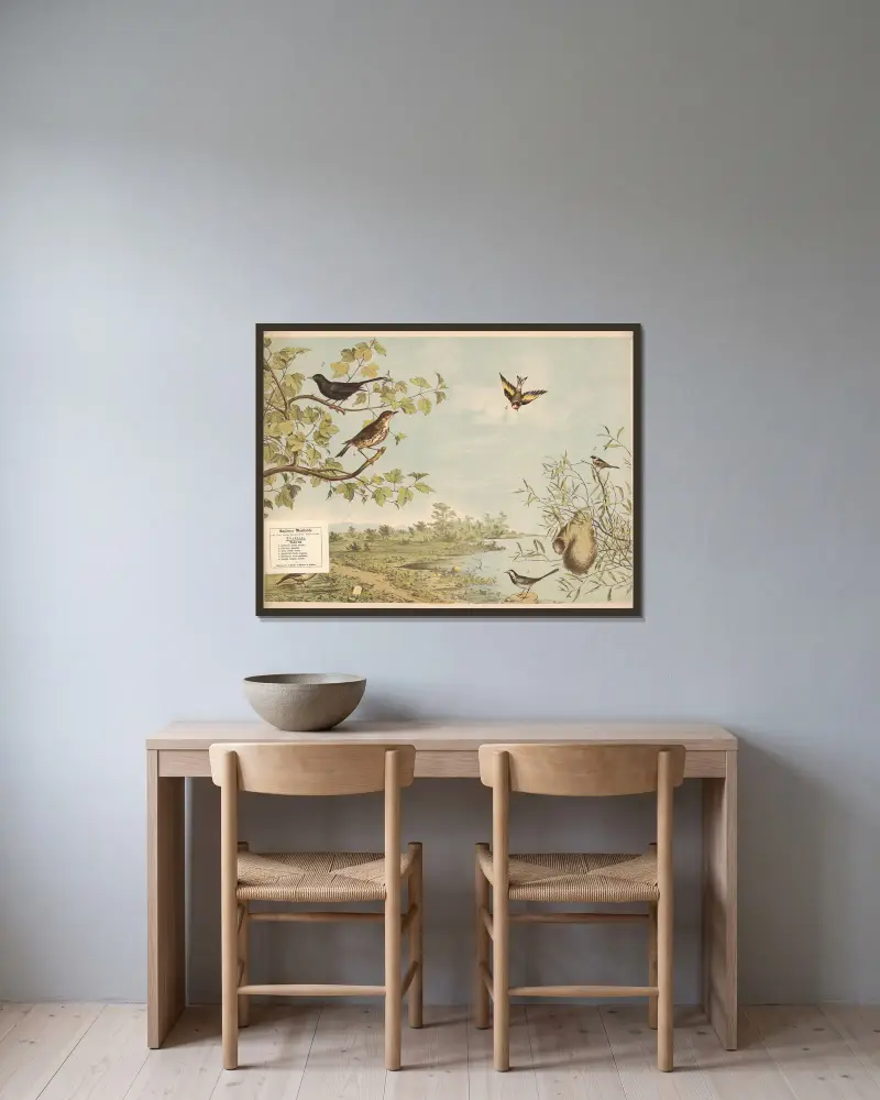Sånglärka (Alauda arvensis), sädesärla (Motacilla), koltrast (Turdus merula), ringtrast (Turdus torquatus), pungmes (Parus pendulinus), steglits (Fringilla carduelis) av Franz Engleder inramad på en vägg