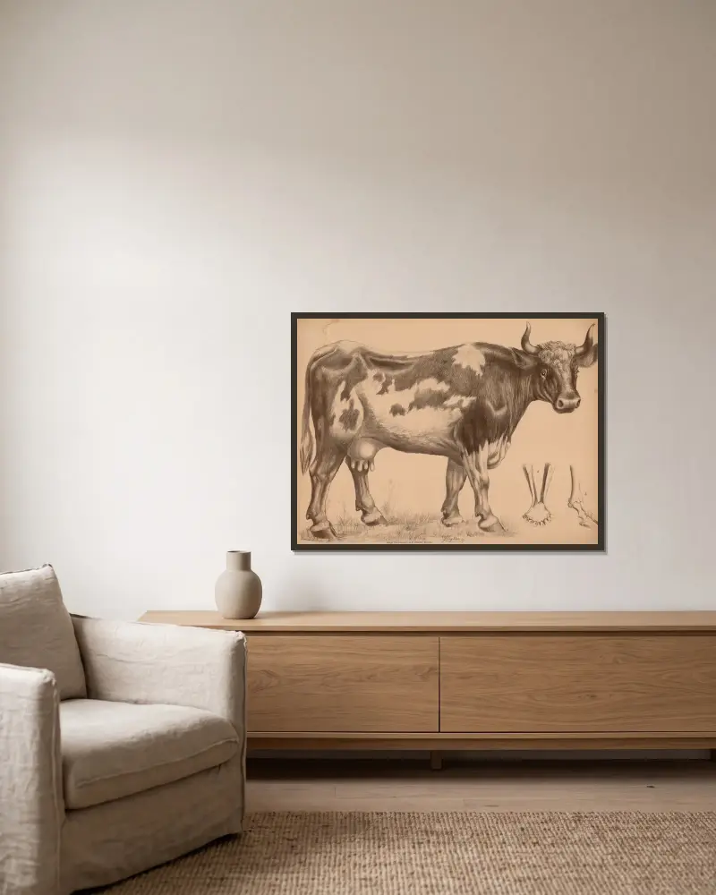 Rind (Bos taurus) (Kuh) a) Unterkiefer b) Fußskelett von Franz Engleder gerahmt an einer Wand