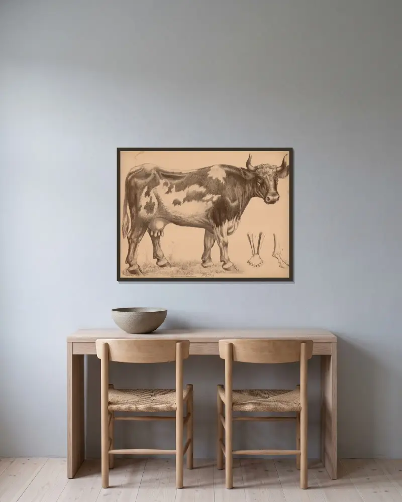Rind (Bos taurus) (Kuh) a) Unterkiefer b) Fußskelett von Franz Engleder gerahmt an einer Wand
