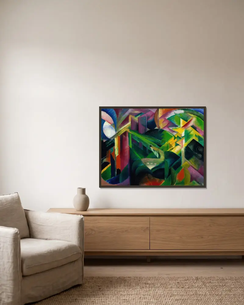 Srny v klášterní zahradě, Franz Marc v rámu na stěně
