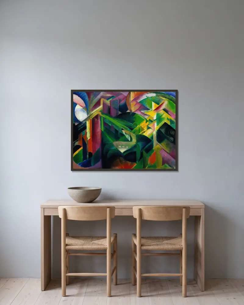 Srny v klášterní zahradě, Franz Marc v rámu na stěně