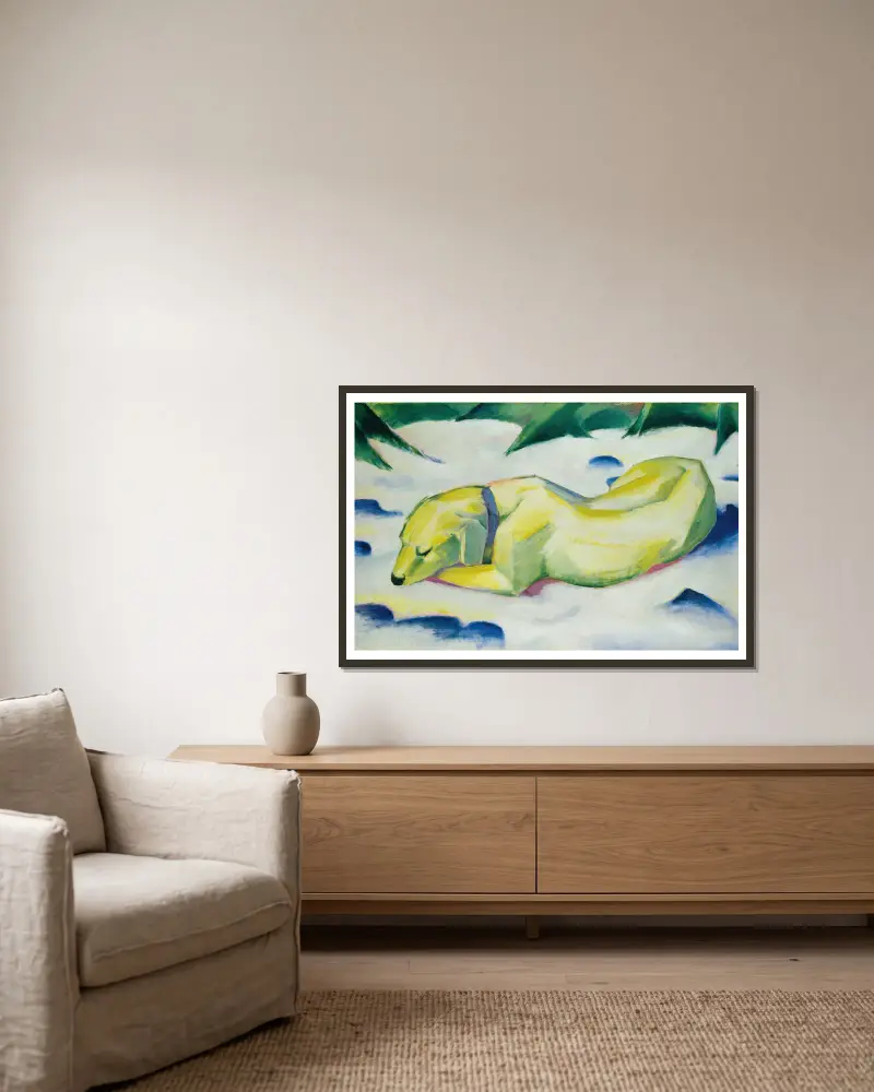 Pes ležící ve sněhu, Franz Marc v rámu na stěně