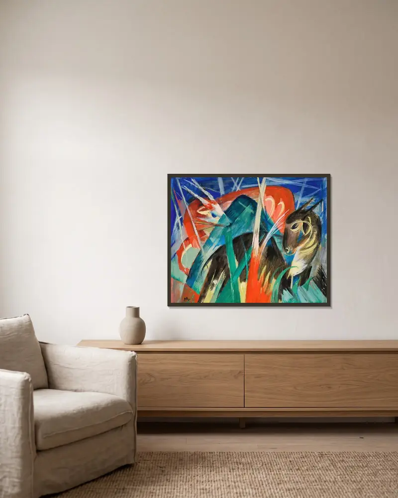 Fabeltiere I (Tierkomposition I) av Franz Marc inramad på en vägg