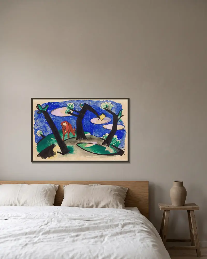 Landschaft mit einem roten Tier von Franz Marc gerahmt an einer Wand