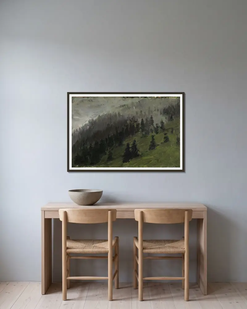 Dimma mellan granar av Franz Marc inramad på en vägg