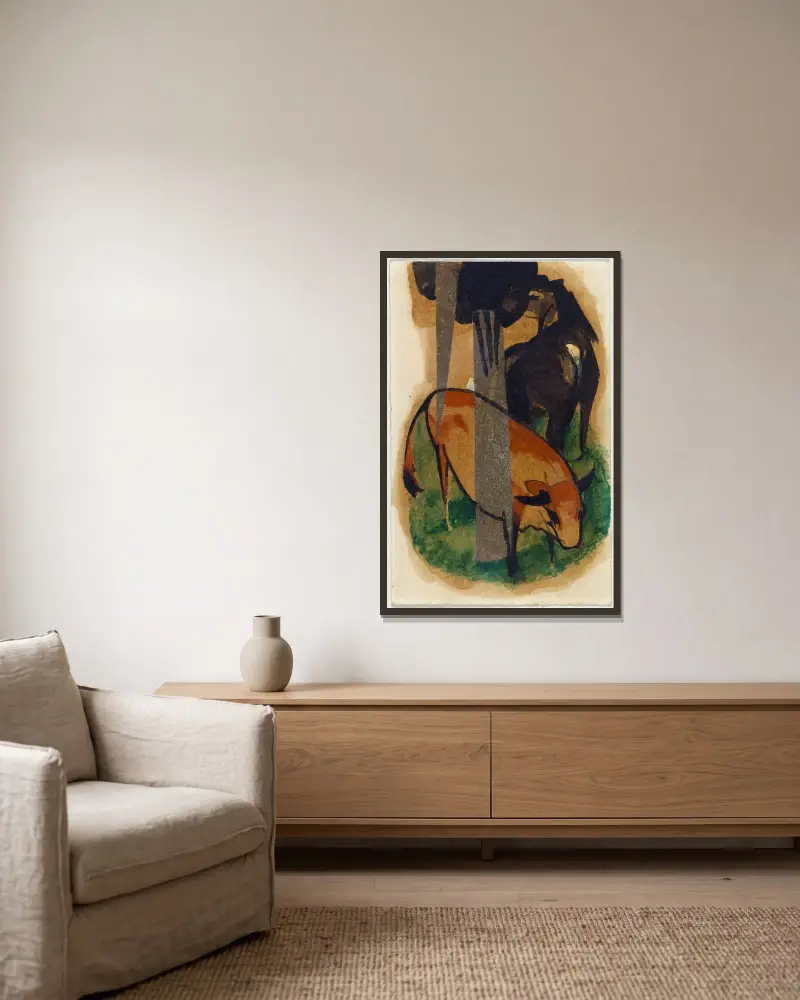 Czerwony koń i żółte krowy (czarnobrązowy koń i żółte krowy), Franz Marc w ramie na ścianie