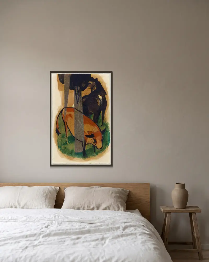 Czerwony koń i żółte krowy (czarnobrązowy koń i żółte krowy), Franz Marc w ramie na ścianie