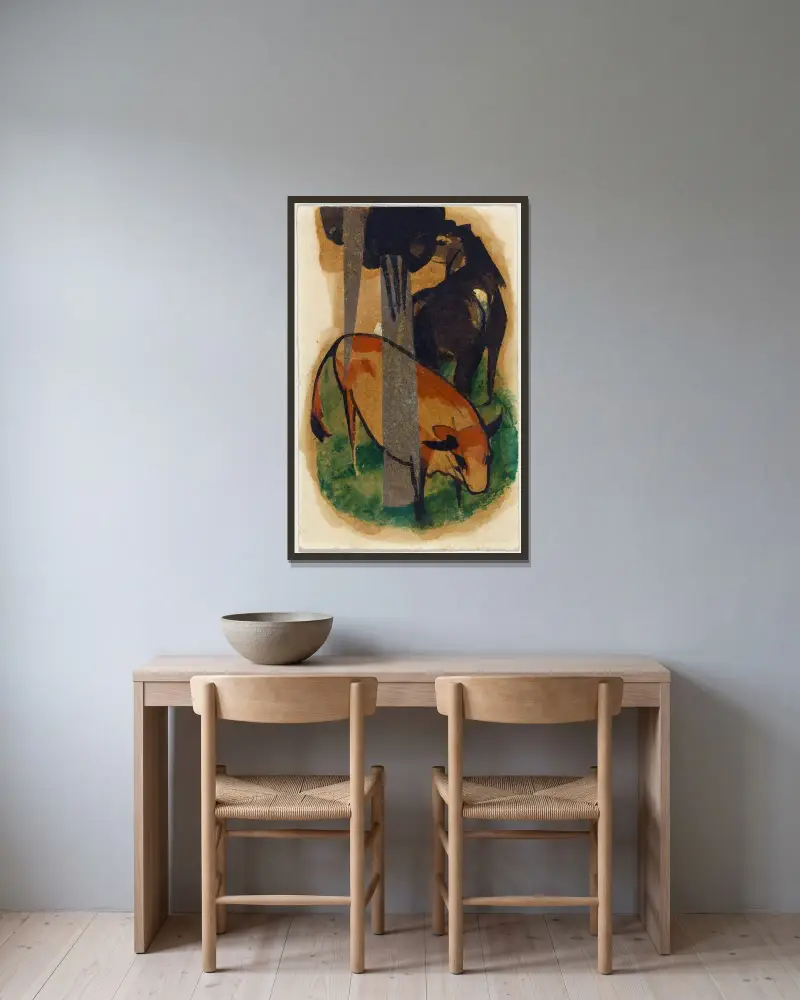 Czerwony koń i żółte krowy (czarnobrązowy koń i żółte krowy), Franz Marc w ramie na ścianie