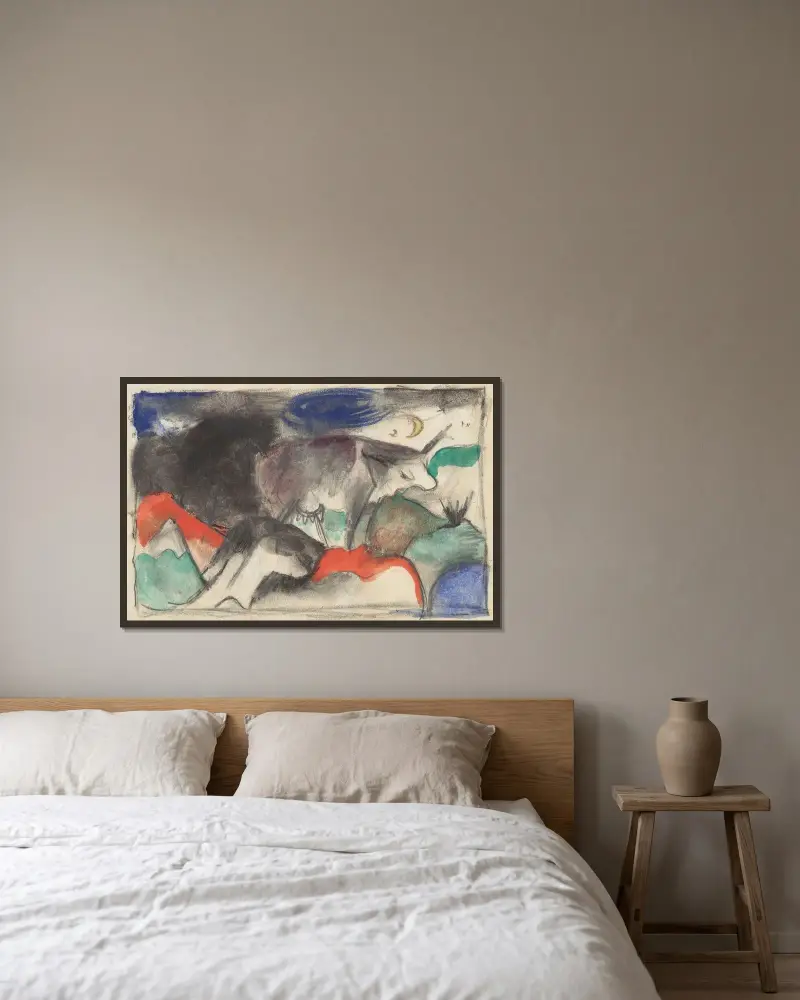 Rotes Rind av Franz Marc inramad på en vägg