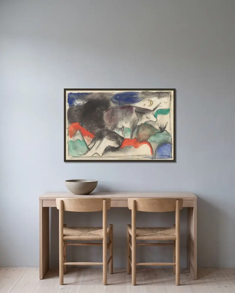 Rotes Rind av Franz Marc inramad på en vägg