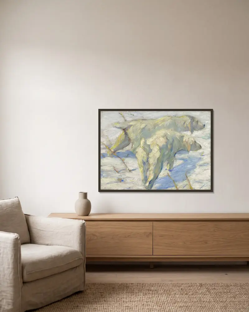 Sibiriska hundar i snön av Franz Marc inramad på en vägg