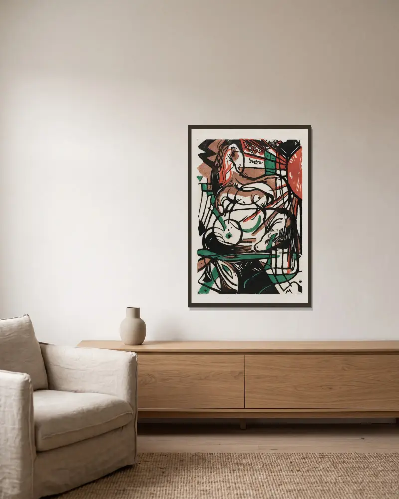 Die Geburt der Pferde von Franz Marc gerahmt an einer Wand