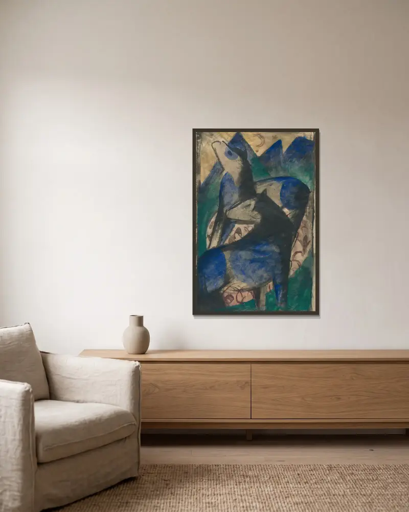 Dva modré koně, Franz Marc v rámu na stěně