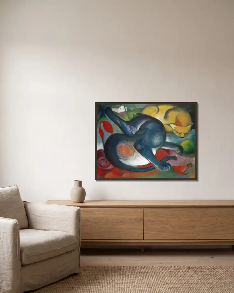 Dwa koty, niebieski i żółty, Franz Marc w ramie na ścianie