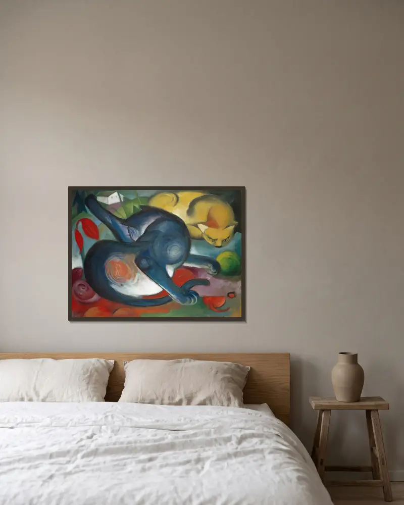 Dwa koty, niebieski i żółty, Franz Marc w ramie na ścianie