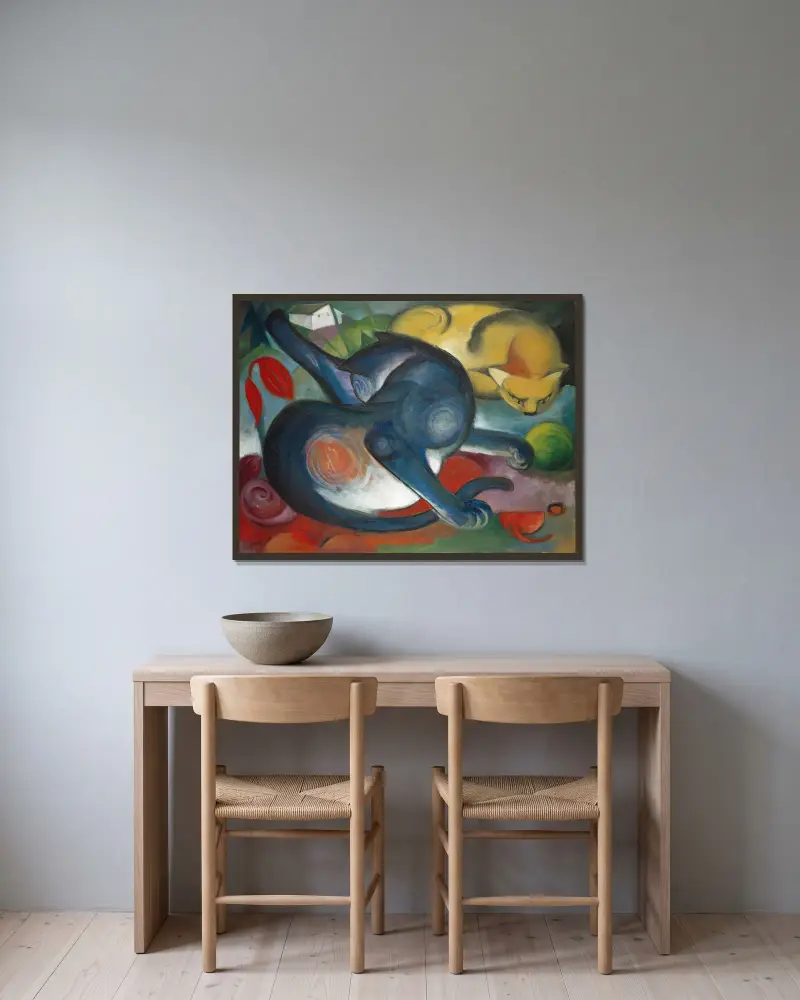 Dwa koty, niebieski i żółty, Franz Marc w ramie na ścianie