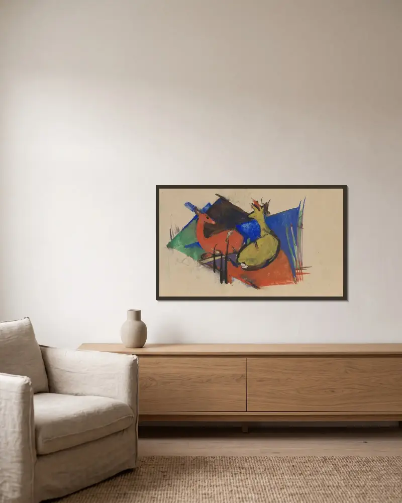 Zwei liegende Rehe von Franz Marc gerahmt an einer Wand