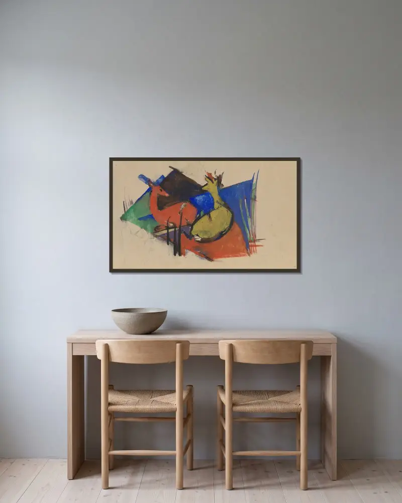 Zwei liegende Rehe von Franz Marc gerahmt an einer Wand