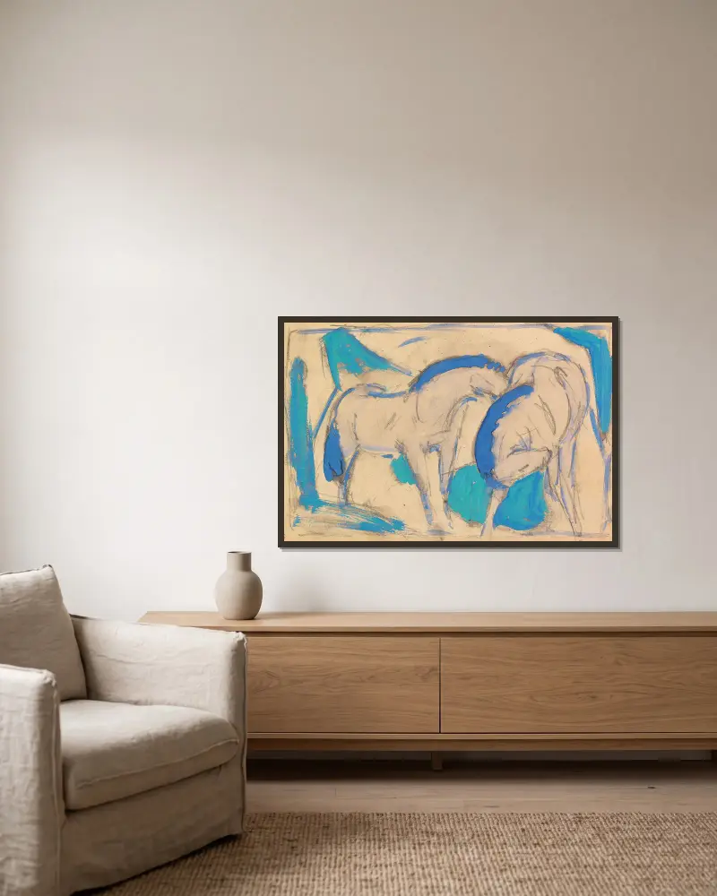 Dwa konie, niebieskozielone, Franz Marc w ramie na ścianie