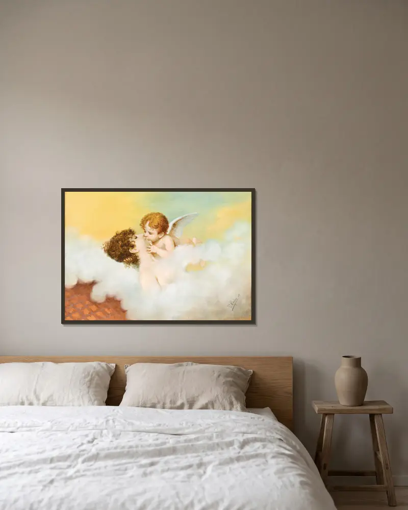Venus och Amor i jugendstil av Franz Rösler inramad på en vägg