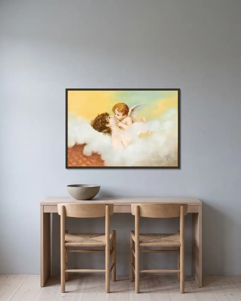 Venus och Amor i jugendstil av Franz Rösler inramad på en vägg